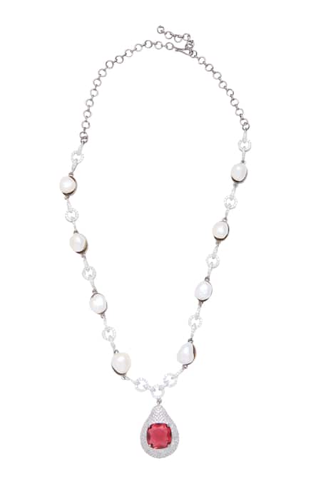 Moh-Maya By Disha Khatri_Red Pearls, Crystals, Stones Ruby Necklace Set _Online_at_Aza_Fashions