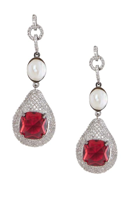 Shop_Moh-Maya By Disha Khatri_Red Pearls, Crystals, Stones Ruby Necklace Set _Online_at_Aza_Fashions