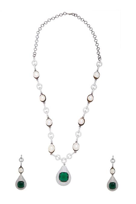 Moh-Maya By Disha Khatri Emerald Stone Pearl Necklace Set