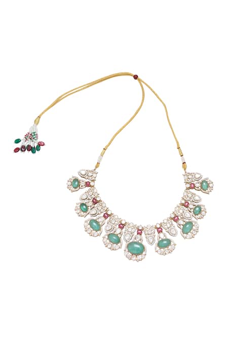 Shop Moh-Maya By Disha Khatri Green Crystals, Stones Gold Plated Moissanite Necklace Set Online at Aza Fashions Shop_Moh-Maya By Disha Khatri_Green Crystals, Stones Gold Plated Moissanite Necklace Set _Online_at_Aza_Fashions