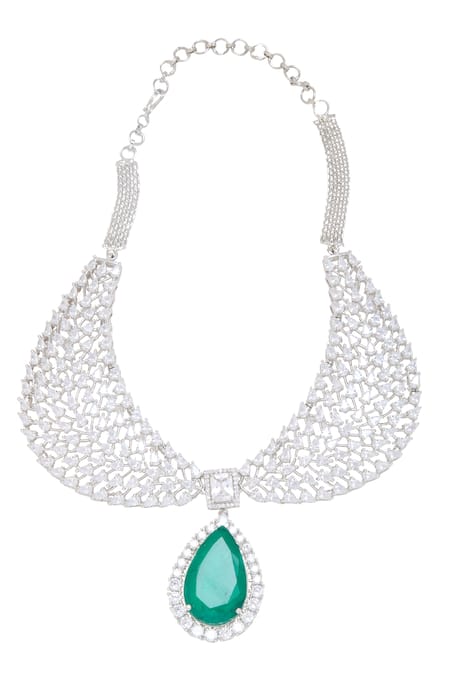 Buy_Moh-Maya By Disha Khatri_Green Crystals, Stones Emerald And Cubic Zirconia Choker Set _Online_at_Aza_Fashions