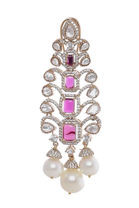 Moh-Maya By Disha Khatri Pink Pearls, Crystals, Cut Work Ruby And Embellished Danglers Online at Aza Fashions Moh-Maya By Disha Khatri_Pink Pearls, Crystals, Cut Work Ruby And Embellished Danglers _Online_at_Aza_Fashions