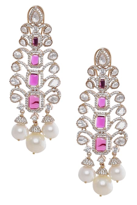 Shop Moh-Maya By Disha Khatri Pink Pearls, Crystals, Cut Work Ruby And Embellished Danglers at Aza Fashions Shop_Moh-Maya By Disha Khatri_Pink Pearls, Crystals, Cut Work Ruby And Embellished Danglers _at_Aza_Fashions