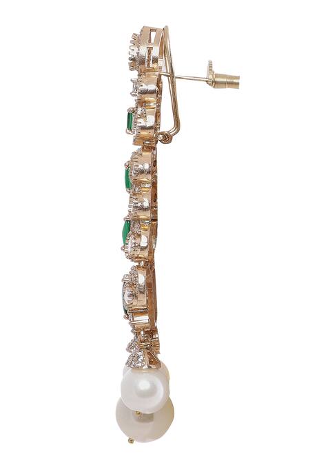 Moh-Maya By Disha Khatri Green Pearls, Cut Work, Crystals Emerald Embellished Danglers Online at Aza Fashions Moh-Maya By Disha Khatri_Green Pearls, Cut Work, Crystals Emerald Embellished Danglers _Online_at_Aza_Fashions