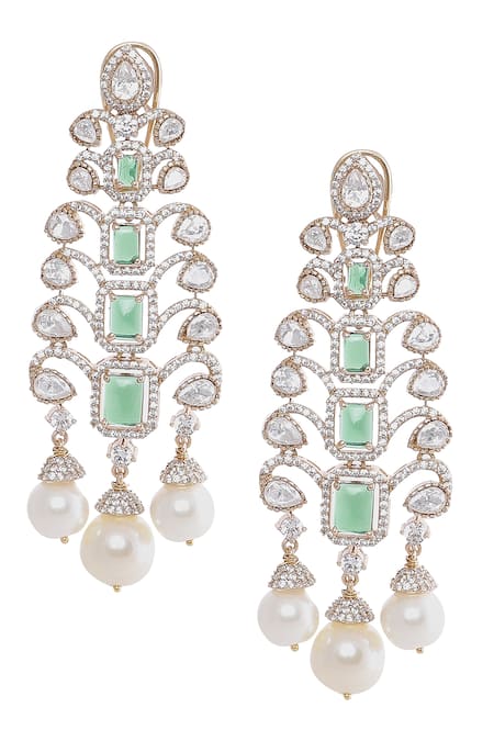 Shop Moh-Maya By Disha Khatri Green Pearls, Cut Work, Crystals Emerald Embellished Danglers at Aza Fashions Shop_Moh-Maya By Disha Khatri_Green Pearls, Cut Work, Crystals Emerald Embellished Danglers _at_Aza_Fashions