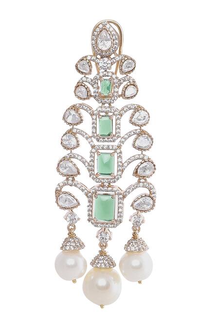 Shop Moh-Maya By Disha Khatri Green Pearls, Cut Work, Crystals Emerald Embellished Danglers Online at Aza Fashions Shop_Moh-Maya By Disha Khatri_Green Pearls, Cut Work, Crystals Emerald Embellished Danglers _Online_at_Aza_Fashions