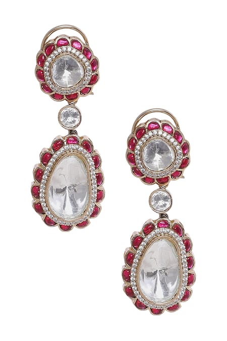 Shop Moh-Maya By Disha Khatri White Pearls, Crystals, Rhinestones Moissanite And Ruby Embellished Danglers at Aza Fashions Shop_Moh-Maya By Disha Khatri_White Pearls, Crystals, Rhinestones Moissanite And Ruby Embellished Danglers _at_Aza_Fashions