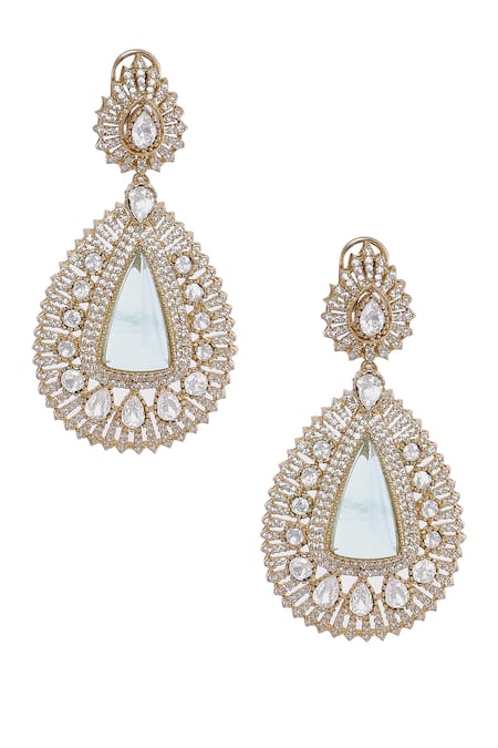 Shop_Moh-Maya By Disha Khatri_Gold Plated Pearls, Crystals, Diamonds Moissanite And Emerald Danglers _at_Aza_Fashions