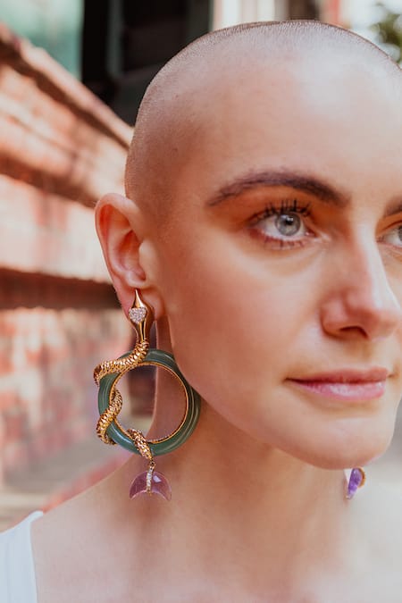 Goddess Of Glocal Gold Plated Serpent & Crescent Earrings 