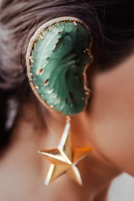 Goddess Of Glocal_Green Crystals Gold Plated Aventurine Ear Cuff Earrings _Online_at_Aza_Fashions