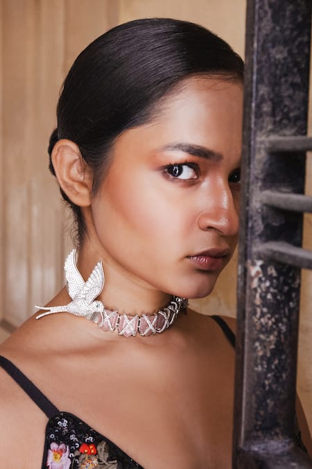 Goddess Of Glocal Rhodium Plated Rose Quartz Choker 