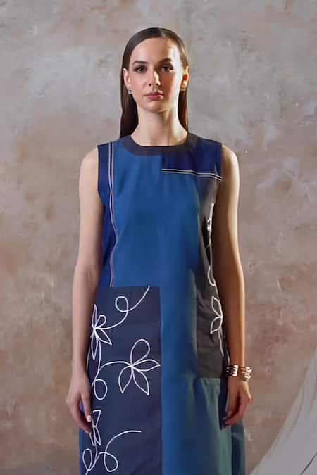 Shagun Nagi The Label_Blue Denim Embroidery, Patchwork Round Neck Floral Dress _Online_at_Aza_Fashions