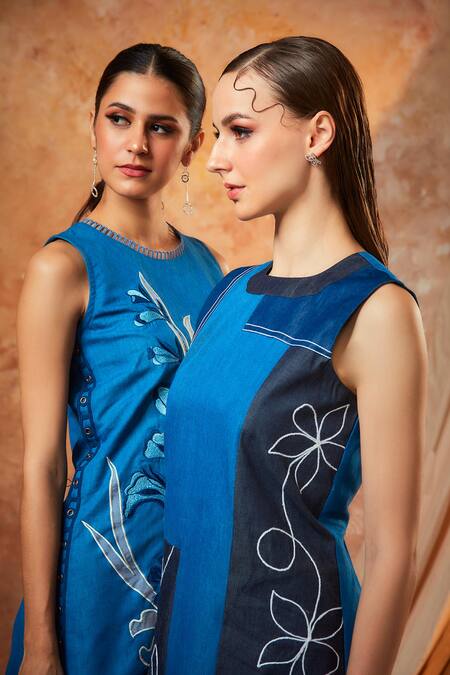 Buy_Shagun Nagi The Label_Blue Denim Embroidery, Patchwork Round Neck Floral Dress _Online_at_Aza_Fashions