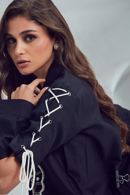 Buy_Shagun Nagi The Label_Black Linen, Cotton Cut Work, Pearls, Embroidery Butterfly Motif Shirt And Pant _Online_at_Aza_Fashions