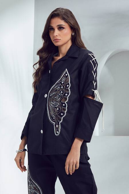 Shop_Shagun Nagi The Label_Black Linen, Cotton Cut Work, Pearls, Embroidery Butterfly Motif Shirt And Pant _Online_at_Aza_Fashions