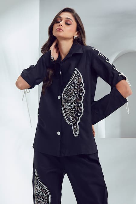 Shagun Nagi The Label_Black Linen, Cotton Cut Work, Pearls, Embroidery Butterfly Motif Shirt And Pant _at_Aza_Fashions