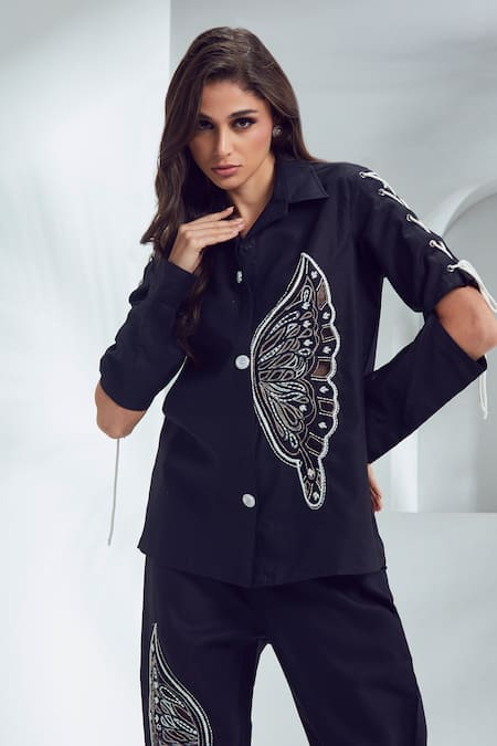 Shagun Nagi The Label Black Butterfly Motif Embroidered Shirt & Pant 