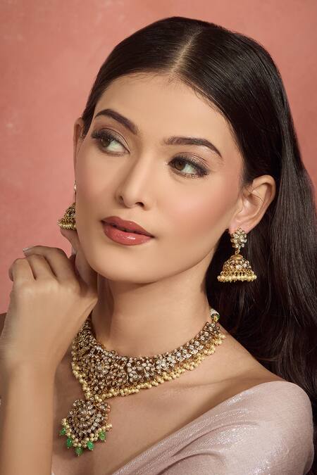 Moh-Maya By Disha Khatri_Gold Plated Pearls, Beads, Diamonds Floral Moissanite Stone Necklace Set _Online_at_Aza_Fashions