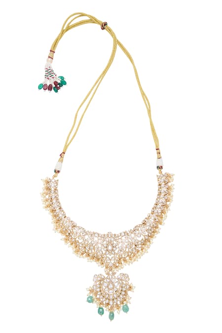 Buy_Moh-Maya By Disha Khatri_Gold Plated Pearls, Beads, Diamonds Floral Moissanite Stone Necklace Set _Online_at_Aza_Fashions