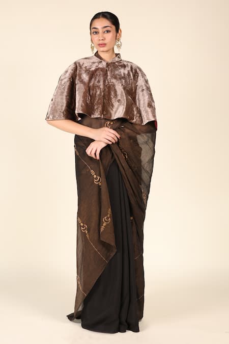 Buy Nirjara Brown Copper Flower Embroidered Cape Online at Aza Fashions Buy_Nirjara_Brown Copper Flower Embroidered Cape _Online_at_Aza_Fashions