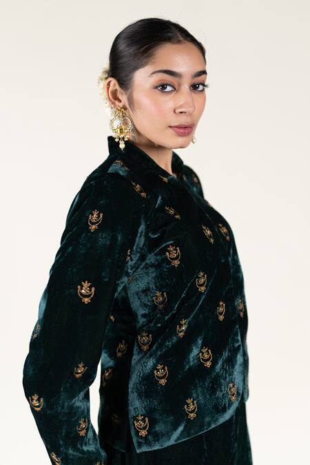 Shop_Nirjara_Green Silk Embroidery Mandarin Collar Chandni Aari Velvet Jacket _Online_at_Aza_Fashions