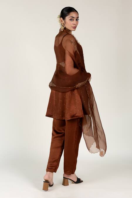 Nirjara_Brown Silk Organza Embroidery Nakshi Dupatta _Online_at_Aza_Fashions