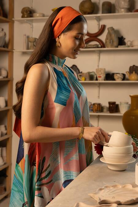 Shop Zilaire Multi Color Satin Halter Neck Asymmetric Hem Tropical Print Dress Online at Aza Fashions Shop_Zilaire_Multi Color Satin Halter Neck Asymmetric Hem Tropical Print Dress _Online_at_Aza_Fashions