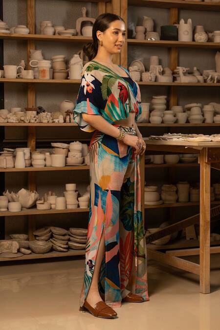 Buy Zilaire Multi Color Crepe V-neck Tropical Print Wrap Crop Top And Palazzo Set Online at Aza Fashions Buy_Zilaire_Multi Color Crepe V-neck Tropical Print Wrap Crop Top And Palazzo Set _Online_at_Aza_Fashions