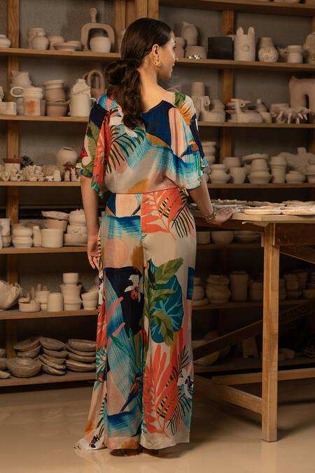 Zilaire Tropical Print Wrap Crop Top & Palazzo Set 