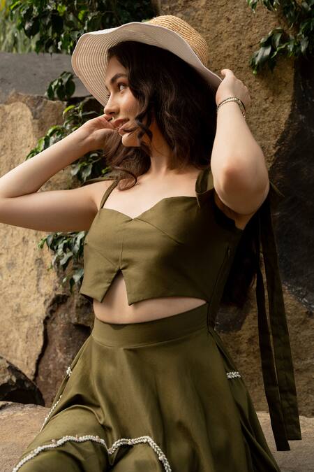 Buy Zilaire Green Cotton Pearls Sweetheart Neck Olive Embellished Maxi Dress Online at Aza Fashions Buy_Zilaire_Green Cotton Pearls Sweetheart Neck Olive Embellished Maxi Dress _Online_at_Aza_Fashions