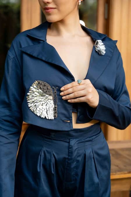 Buy Zilaire Blue Cotton Embroidery V-neck Butterfly Crop Blazer Set Online at Aza Fashions Buy_Zilaire_Blue Cotton Embroidery V-neck Butterfly Crop Blazer Set _Online_at_Aza_Fashions