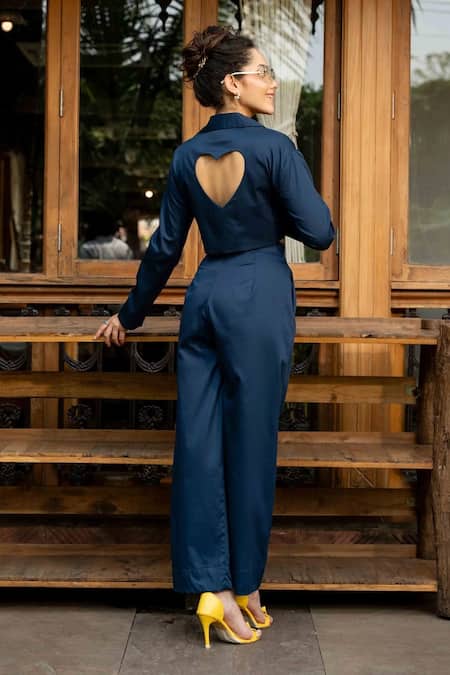 Shop Zilaire Blue Cotton Embroidery V-neck Butterfly Crop Blazer Set at Aza Fashions Shop_Zilaire_Blue Cotton Embroidery V-neck Butterfly Crop Blazer Set _at_Aza_Fashions