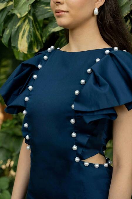 Zilaire Blue Cotton Pearls Boat Neck Embellished Flutter Sleeve Dress Online at Aza Fashions Zilaire_Blue Cotton Pearls Boat Neck Embellished Flutter Sleeve Dress _Online_at_Aza_Fashions