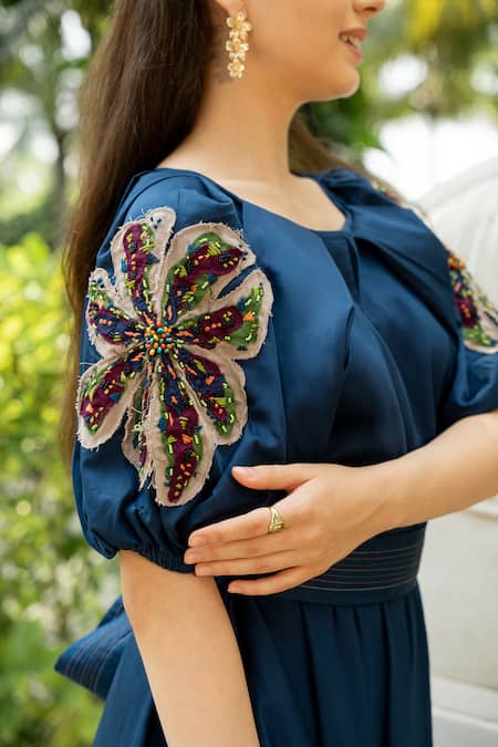 Zilaire_Blue Cotton Embroidery Round Neck Puffed Sleeve Midi Dress _Online_at_Aza_Fashions