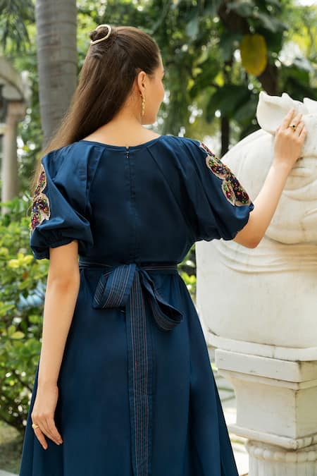 Buy_Zilaire_Blue Cotton Embroidery Round Neck Puffed Sleeve Midi Dress _Online_at_Aza_Fashions