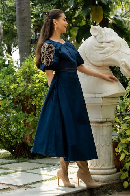 Zilaire_Blue Cotton Embroidery Round Neck Puffed Sleeve Midi Dress _at_Aza_Fashions