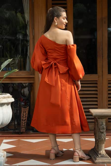Zilaire Orange Cotton Applique One Shoulder Midi Dress With Floral Belt Online at Aza Fashions Zilaire_Orange Cotton Applique One Shoulder Midi Dress With Floral Belt _Online_at_Aza_Fashions