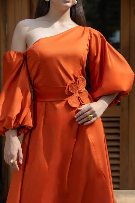 Buy Zilaire Orange Cotton Applique One Shoulder Midi Dress With Floral Belt Online at Aza Fashions Buy_Zilaire_Orange Cotton Applique One Shoulder Midi Dress With Floral Belt _Online_at_Aza_Fashions