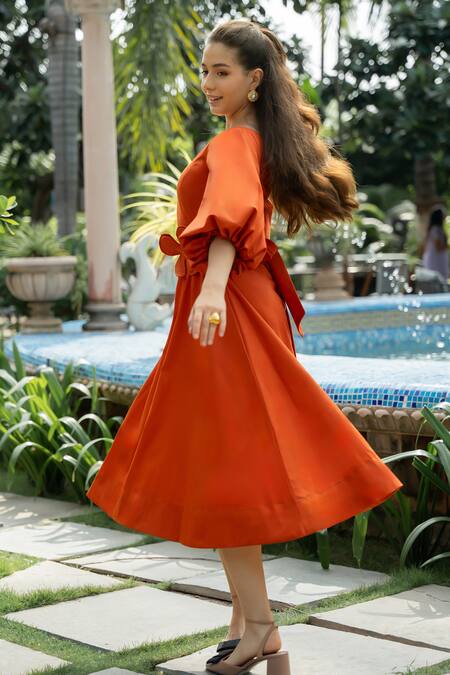 Shop Zilaire Orange Cotton Applique One Shoulder Midi Dress With Floral Belt Shop_Zilaire_Orange Cotton Applique One Shoulder Midi Dress With Floral Belt
