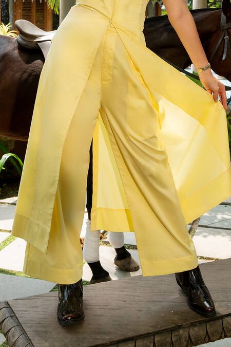 Zilaire_Yellow Cotton Fabric Flowers Solid Blazer Coat And Palazzo Set _at_Aza_Fashions