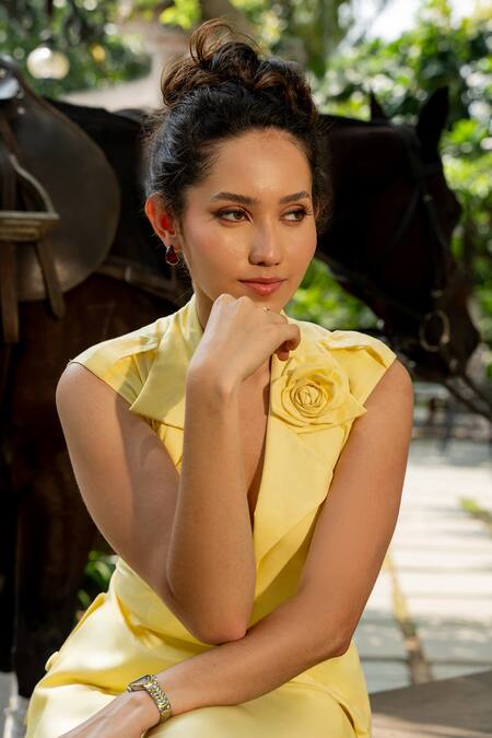 Buy_Zilaire_Yellow Cotton Fabric Flowers Solid Blazer Coat And Palazzo Set 