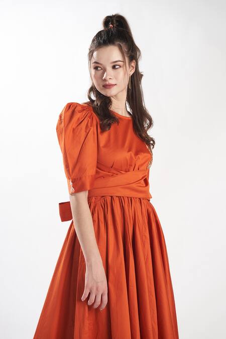 Shop_Zilaire_Orange Cotton Embroidery Round Neck Patch Wrap-around Dress _Online_at_Aza_Fashions