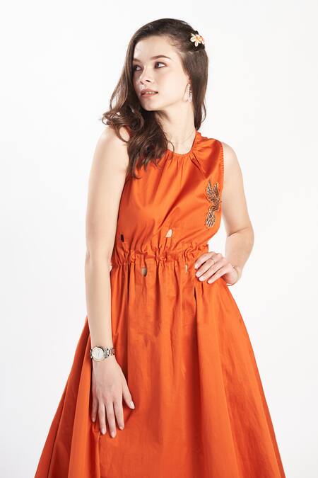 Shop_Zilaire_Orange Cotton Embroidery Round Neck Cut-out Back Tie Dress _Online_at_Aza_Fashions
