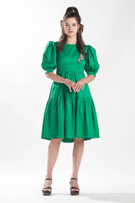Zilaire Green Puff Sleeve Tiered Dress 