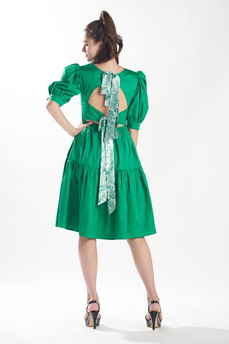 Zilaire Green Puff Sleeve Tiered Dress 
