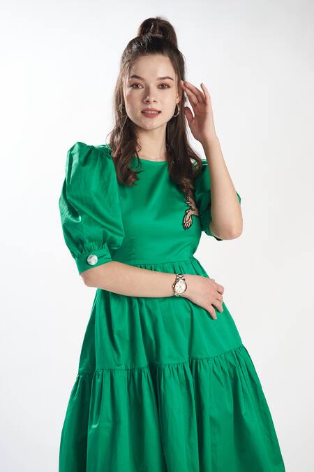Shop_Zilaire_Green Cotton Embroidery Round Neck Puff Sleeve Tiered Dress _Online_at_Aza_Fashions