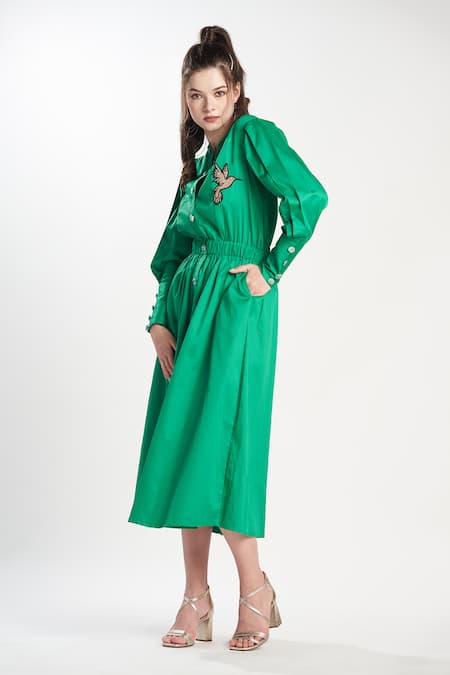 Buy_Zilaire_Green Cotton Embroidery Round Neck Patch A-line Dress _Online_at_Aza_Fashions