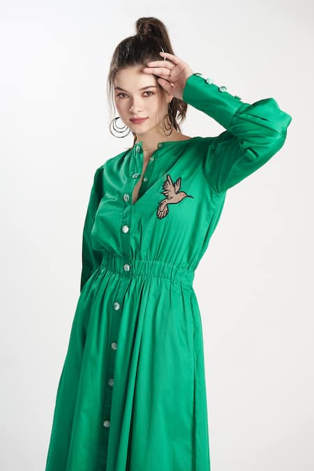 Shop_Zilaire_Green Cotton Embroidery Round Neck Patch A-line Dress _Online_at_Aza_Fashions