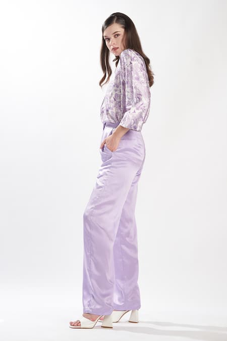 Buy_Zilaire_Purple Satin Collared Lilac Jungle Pattern Top And Pant Set _Online_at_Aza_Fashions