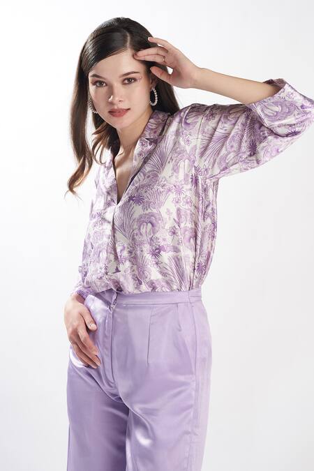 Shop_Zilaire_Purple Satin Collared Lilac Jungle Pattern Top And Pant Set _Online_at_Aza_Fashions